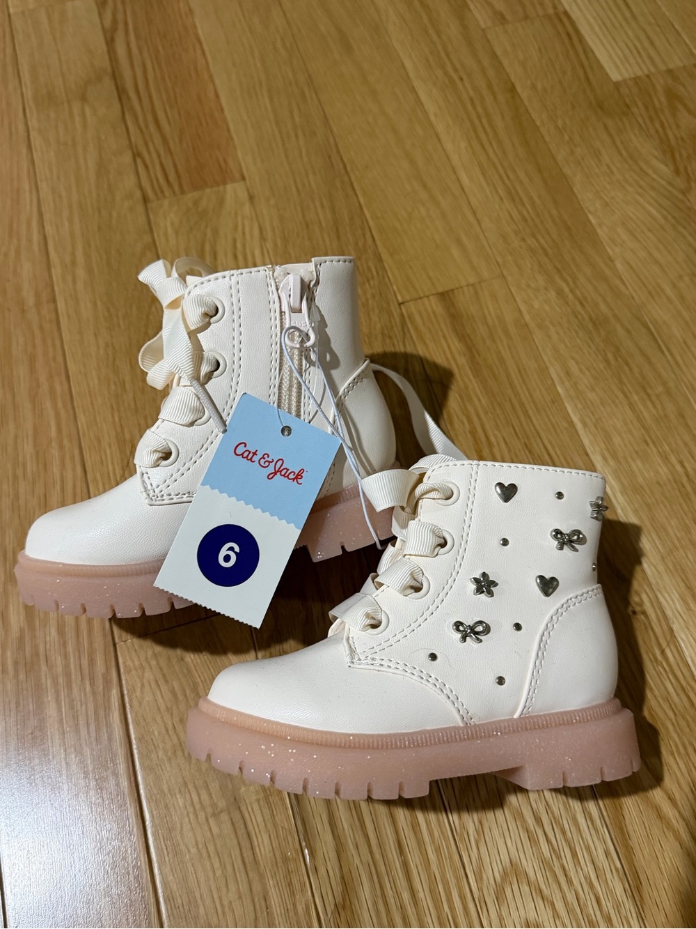 Cat & Jack Cream Girls' Lace-Up Boots with Pink Glitter Sole